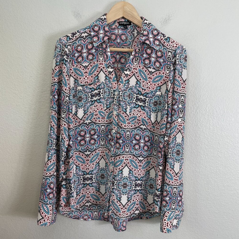 Express Womens Small‎ Button Up Blouse Paisley Roll Tab Sleeve Shirt Top